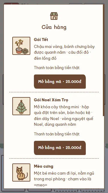 Cửa hàng đồ đạc trong game với các món cho phòng trọ