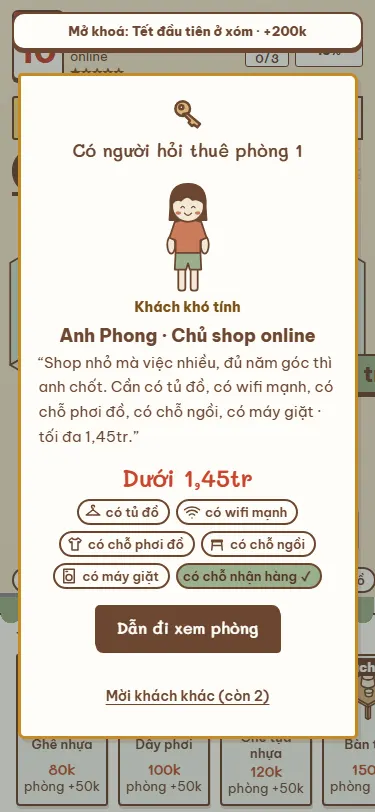 Khách hỏi thuê phòng và đưa ra yêu cầu về đồ đạc